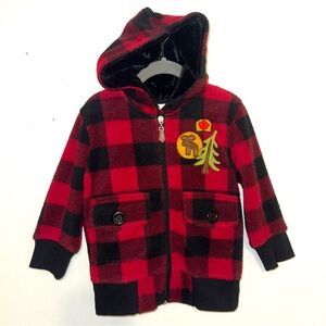 Boys Fleece Red Black Buffalo Plaid Full Zip Hoodie Jacket Size 2
